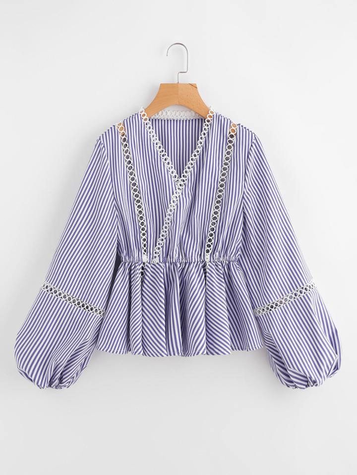 Shein Lace Insert Overlap Front Striped Peplum Top