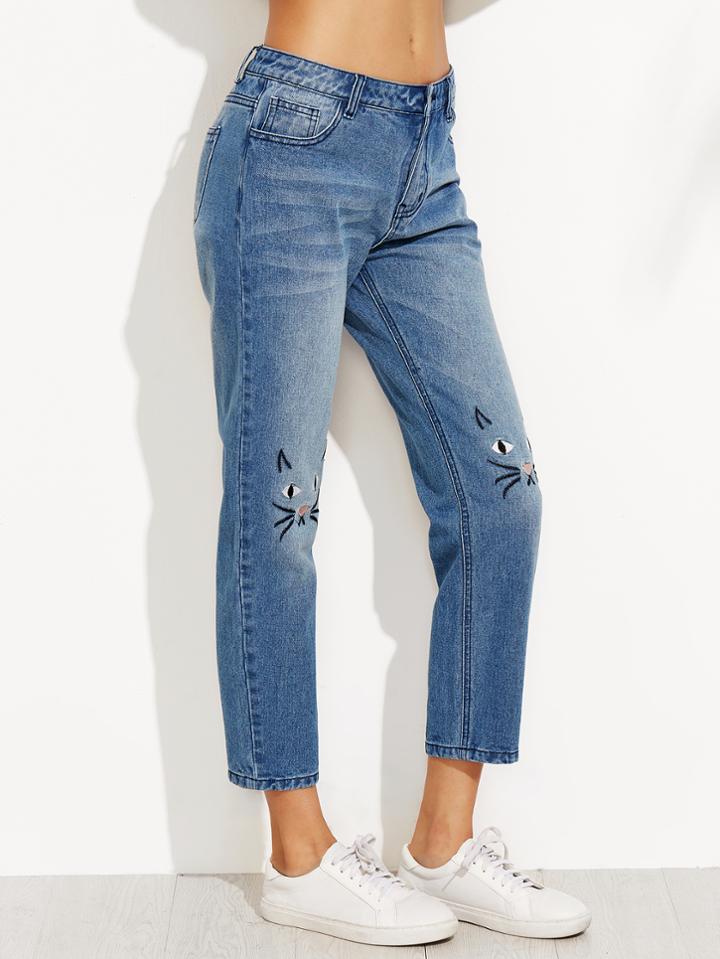 Shein Blue Cat Embroidered Crop Jeans
