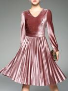 Shein Pink V Neck Velvet Pleated A-line Dress