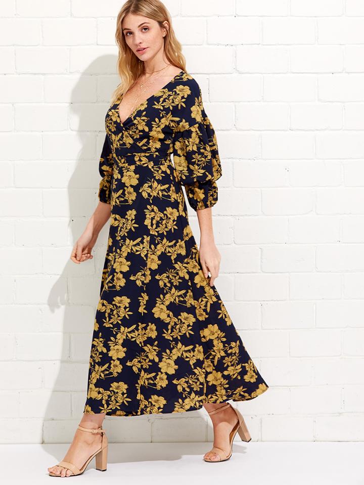 Shein Self Belt V Neck Calico Dress