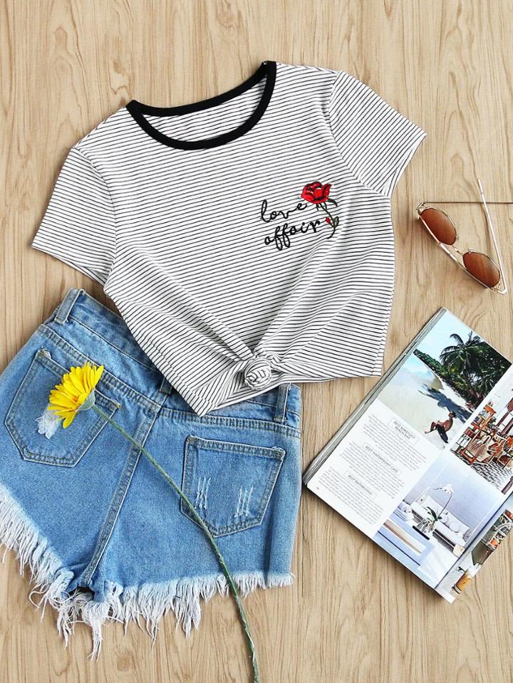 Shein Contrast Neck Cap Sleeve Rose Embroidered Striped Tee