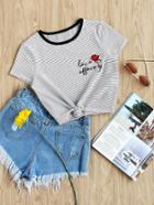 Shein Contrast Neck Cap Sleeve Rose Embroidered Striped Tee