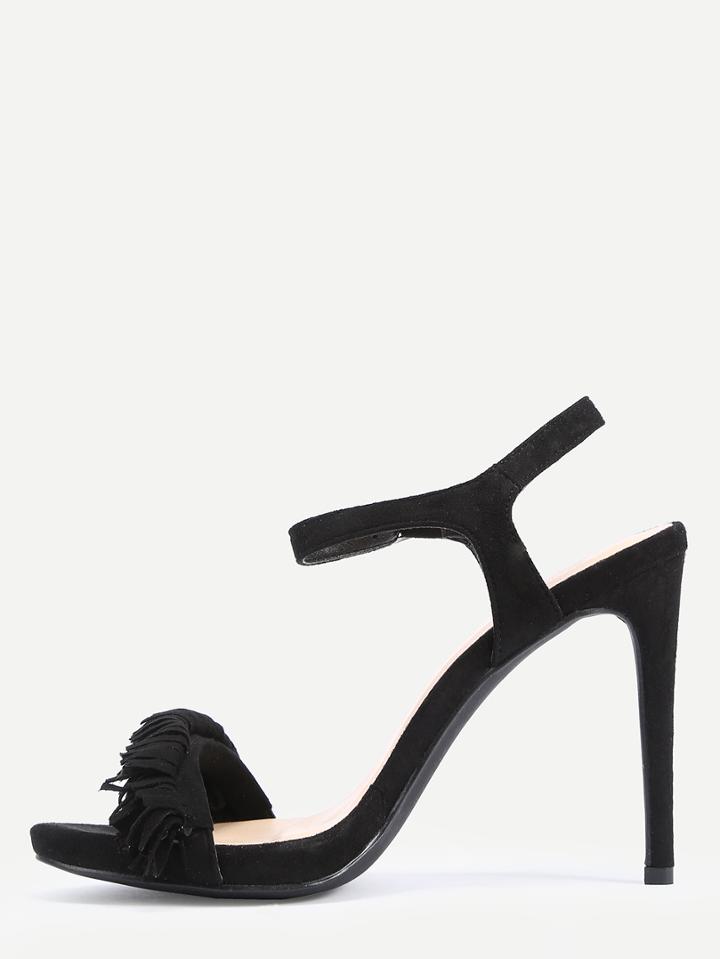 Shein Faux Suede Tasselled Strap Heeled Sandals - Black