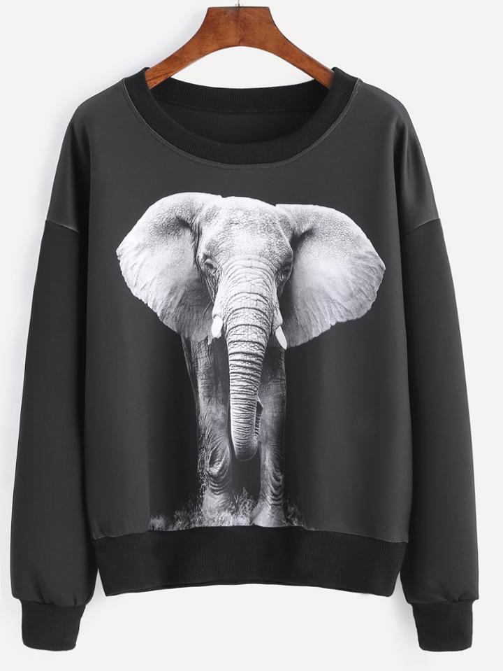 Shein Black Elephant Print Drop Shoulder Sweatshirt