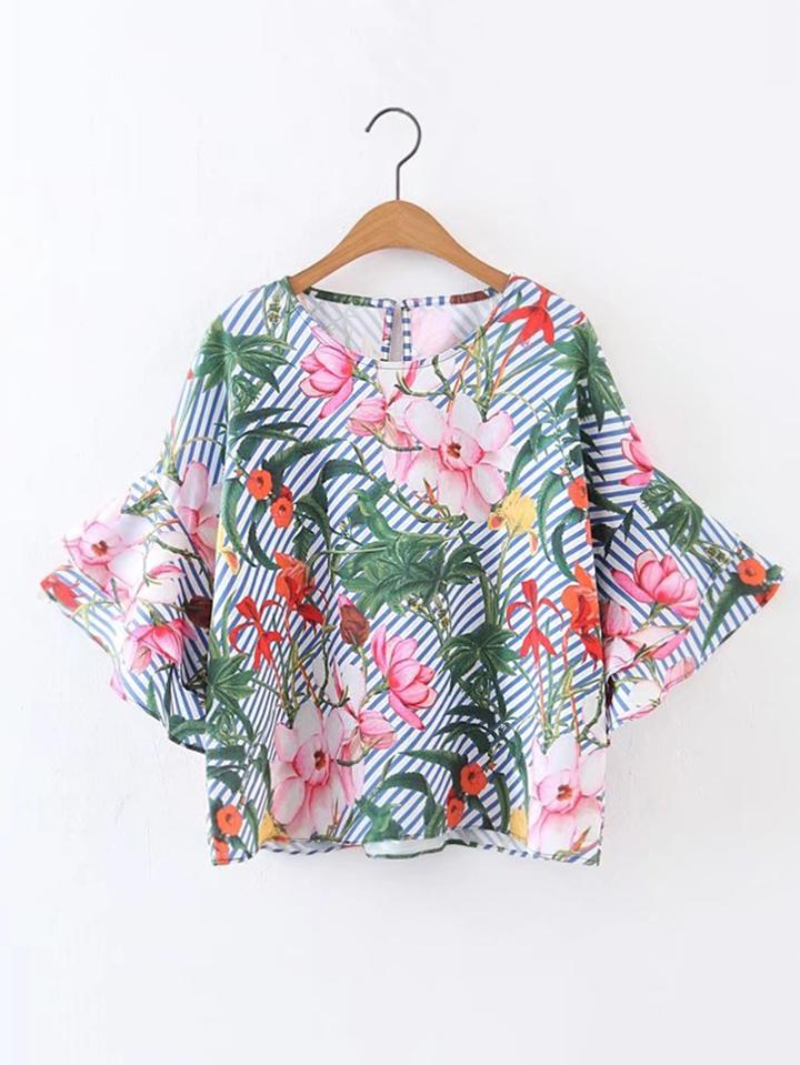 Shein Bell Sleeve Keyhole Back Ruffle Top