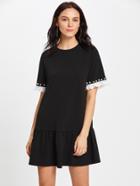Shein Pearl Beading Eyelet Embroidered Frill Cuff Dress