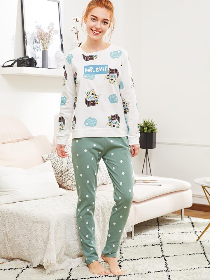 Shein Bear Print Tee & Pants Pj Set