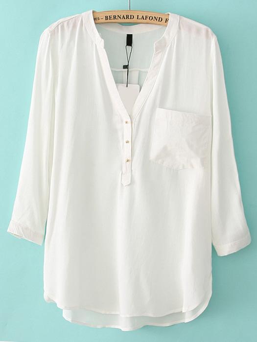 Shein White V Neck Pocket Shirt