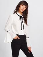 Shein Pleated Collar Pearl Beading Fluted Sleeve Blouse