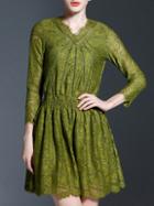 Shein Green V Neck Elastic-waist Lace Dress