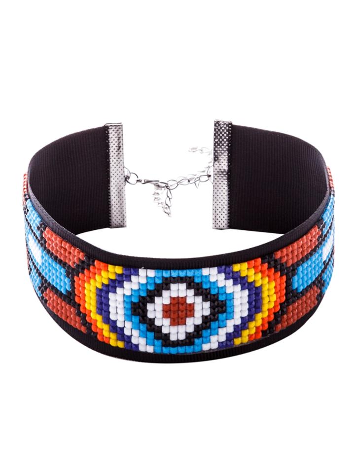 Shein Multicolor Beaded Geometric Pattern Wide Choker Necklace