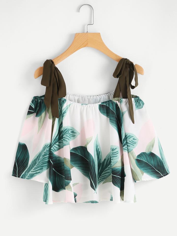 Shein Contrast Tie-strap Jungle Print Top
