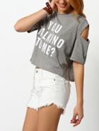 Shein Grey Letters Print Hollow Crop T-shirt