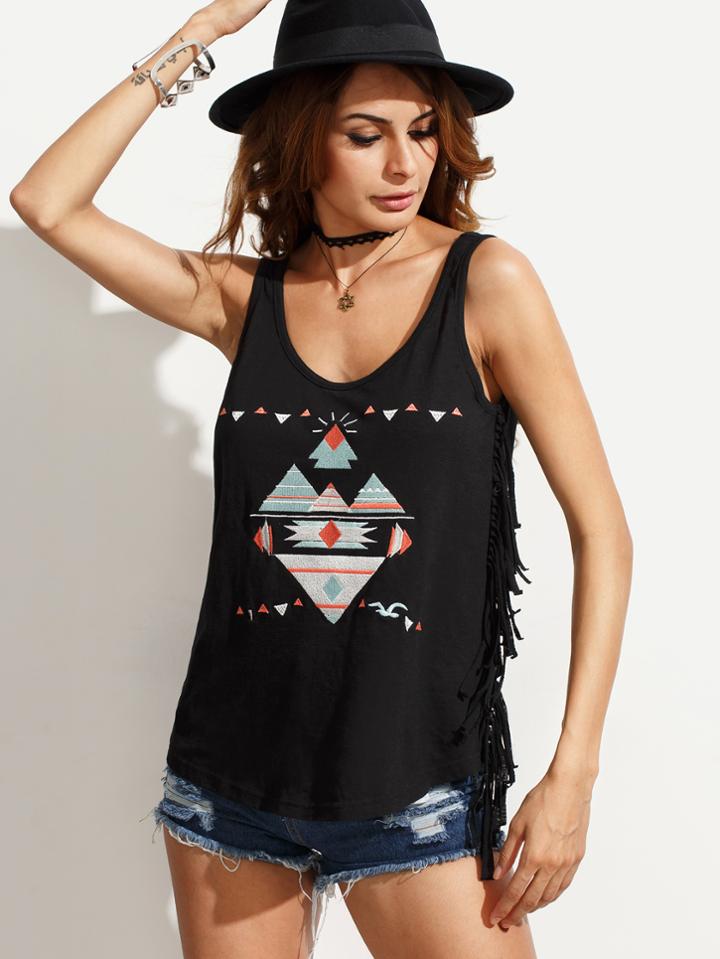 Shein Black Embroidered Fringe Scoop Neck Tank Top