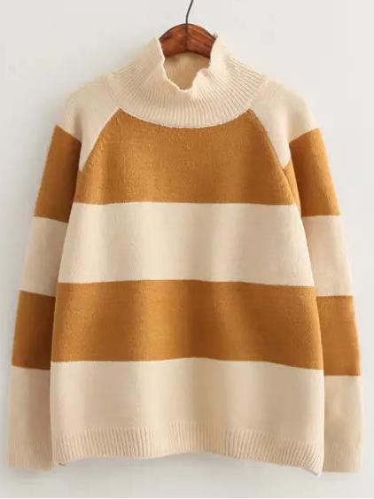 Shein Yellow Apricot High Neck Striped Loose Sweater