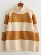 Shein Yellow Apricot High Neck Striped Loose Sweater