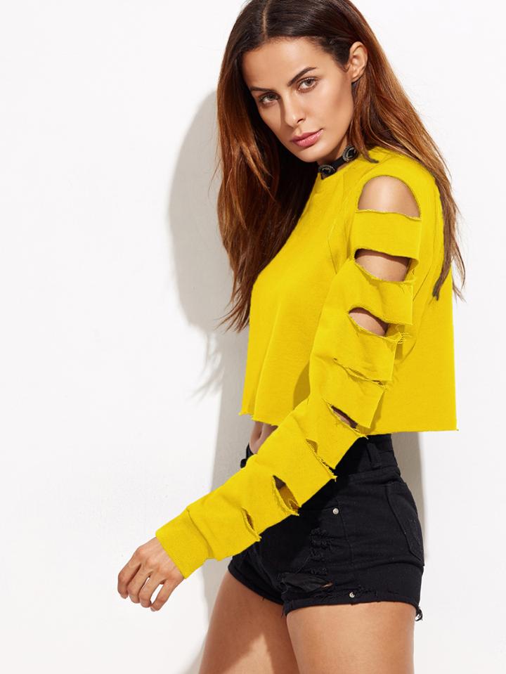 Shein Yellow Ladder Cut Out Sleeve Raw Hem Sweatshirt