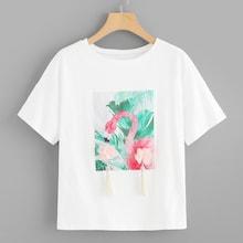Shein Flamingo Print Fringe Patched Tee