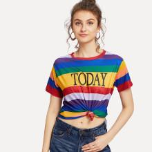 Shein Letter Print Multi-stripe Tee