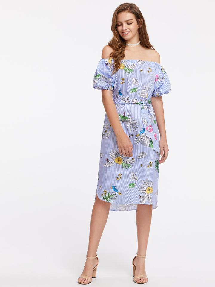 Shein Bardot Jungle Print Vertical Striped Puff Sleeve Dress