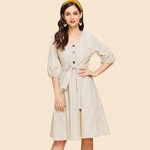 Shein Bishop Sleeve Belted Fit And Flare Dress