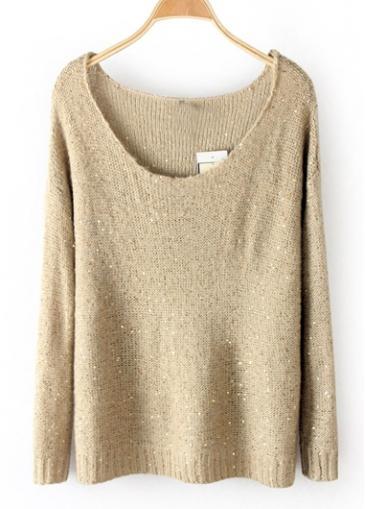 Rosewe All Matched Sequin Decoration Long Sleeve Khaki Sweaters