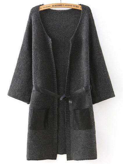 Shein Grey Contrast Pu Leather Pockets Sweater Coat