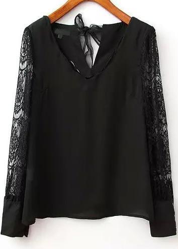 Shein Black V Neck Lace Sleeve Knotted Chiffon Blouse