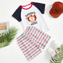 Shein Boys Letter And Lion Print Tee With Striped Shorts