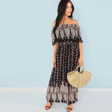 Shein Tassel Embellished Flounce Foldover Front Tribal Dress