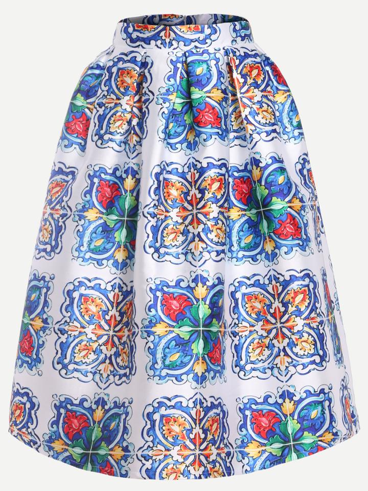 Shein Multicolor Flower Print Box Pleated Midi Skirt