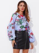 Shein Lantern Sleeve Keyhole Back Mixed Print Top