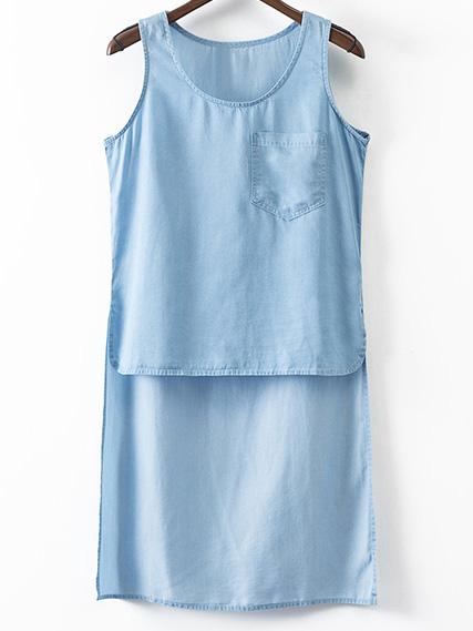 Shein Light Blue Sleeveless Pocket Irregular Hem Denim Blouse