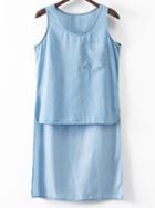 Shein Light Blue Sleeveless Pocket Irregular Hem Denim Blouse