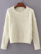Shein Beige Round Neck Long Sleeve Beaded Sweater