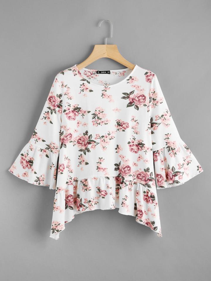 Shein Trumpet Sleeve Asymmetric Ruffle Hem Ditsy Tee