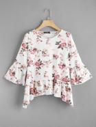 Shein Trumpet Sleeve Asymmetric Ruffle Hem Ditsy Tee