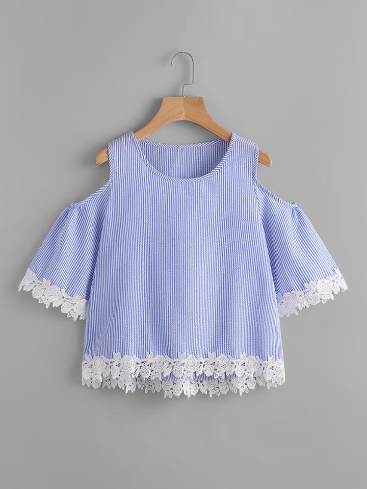 Shein Contrast Lace Trim Open Shoulder Vertical Pinstripe Top