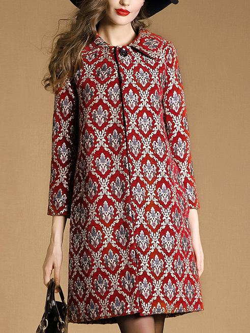 Shein Red Lapel Long Sleeve Jacquard Pockets Coat