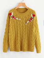 Shein Embroidered Patch Drop Shoulder Eyelet Sweater