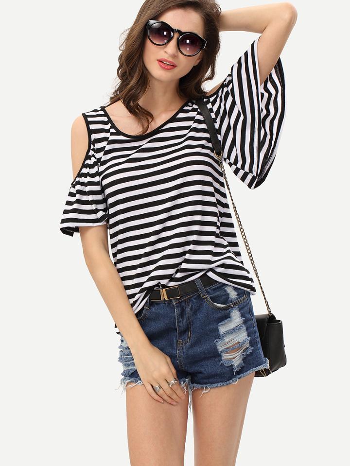 Shein Cutout Shoulder Striped T-shirt