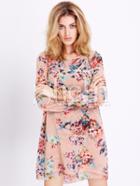 Shein Apricot Long Sleeve Flowery Floral Dress