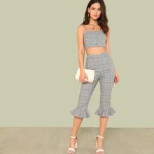 Shein Plaid Cami Crop Top And Ruffle Hem Pants Set