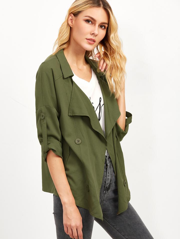 Shein Olive Green Roll Sleeve Double Breasted Trench Coat