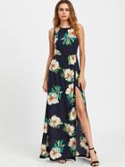 Shein Floral Print Crisscross Backless Slit Dress