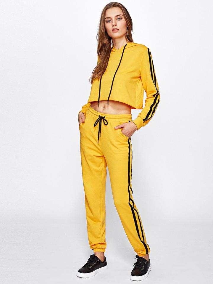 Shein Striped Raw Hem Hoodie And Sweatpants Set