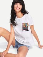 Shein Embroidered Pocket Lace Insert Fringe Hem T-shirt