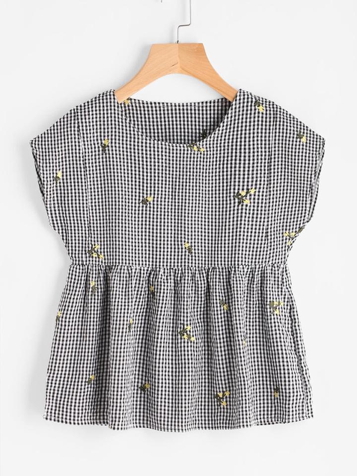 Shein Embroidered Gingham Smock Top