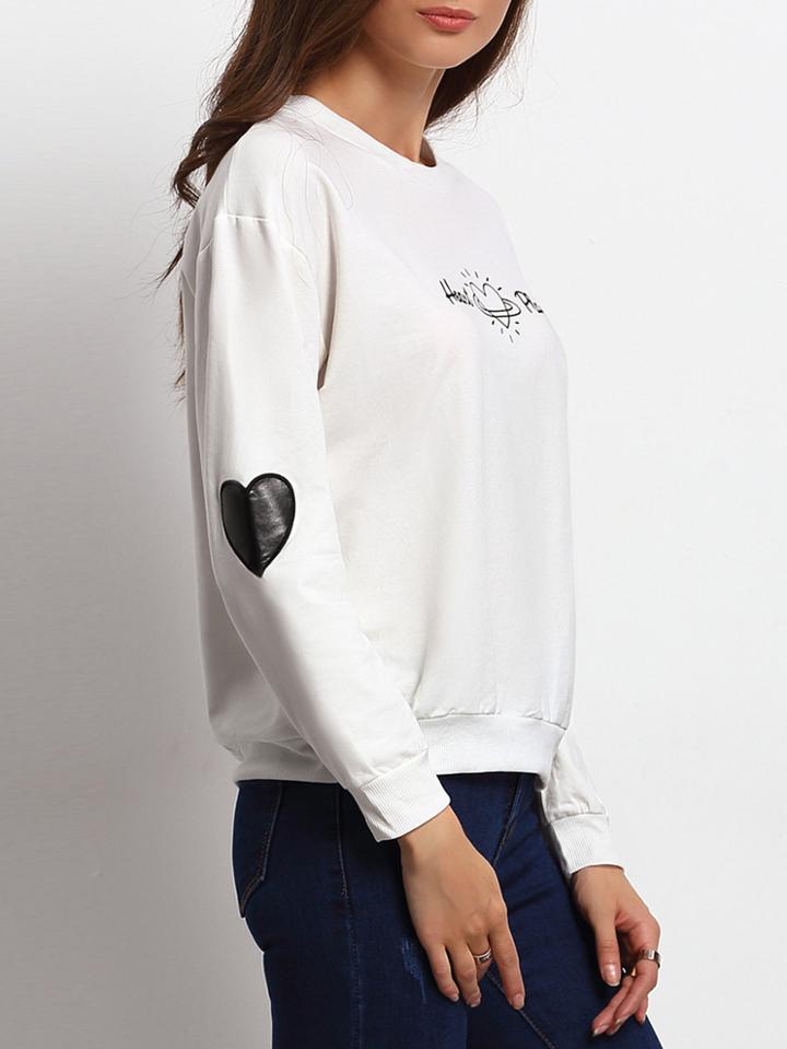 Shein White Letter Print Elbow Patch Sweatshirt