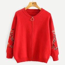 Shein Embroidery Detail Zipper Fly Sweater